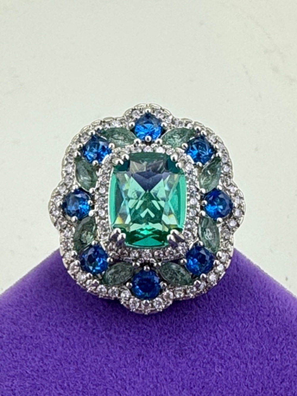 💛 Classic Silver Ocean Blue-Green Halo Ring | Formal Evening Cocktail Luxe